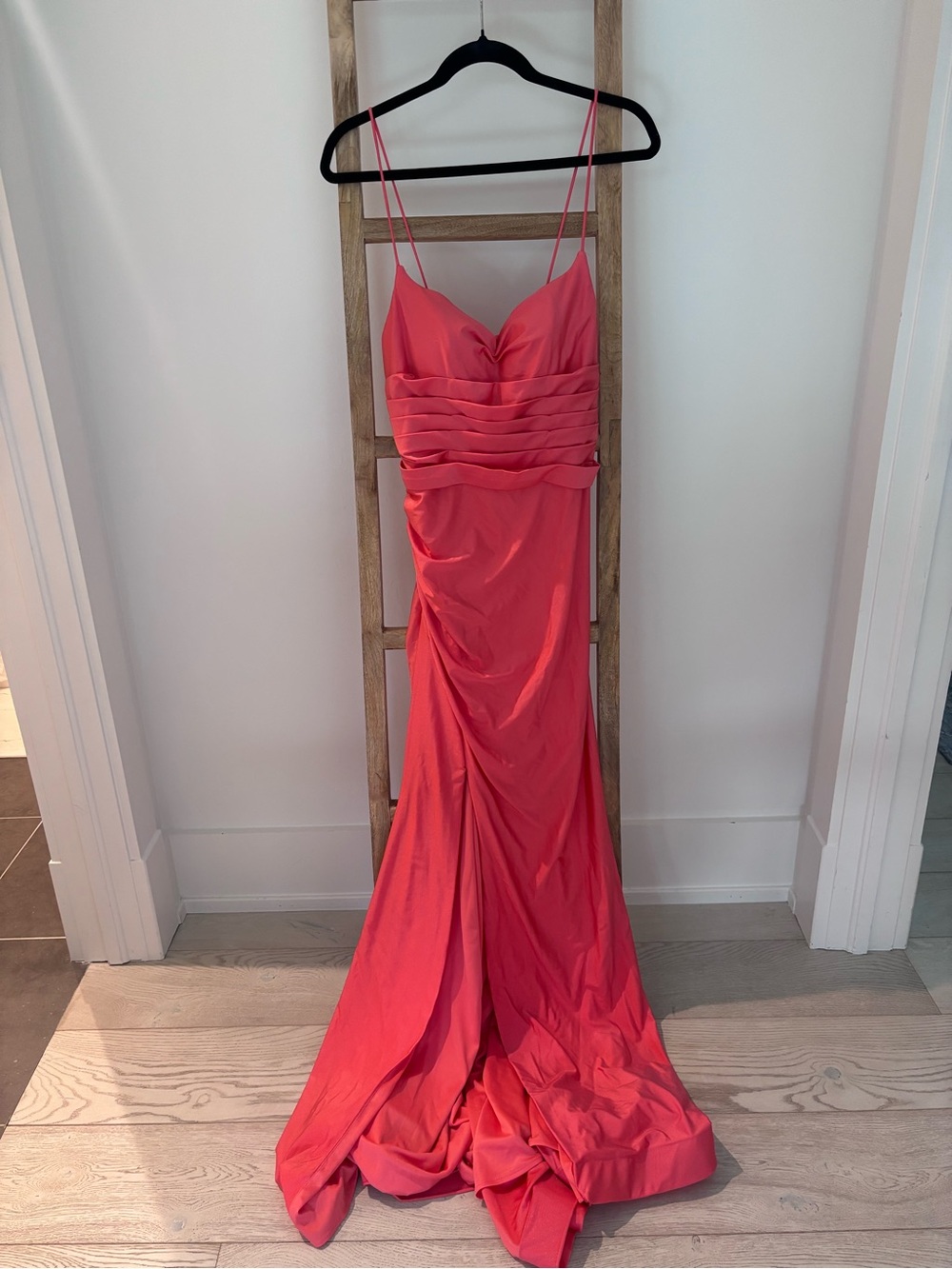 JVN by Jovani Coral Pink Spaghetti-Strap Prom Dress